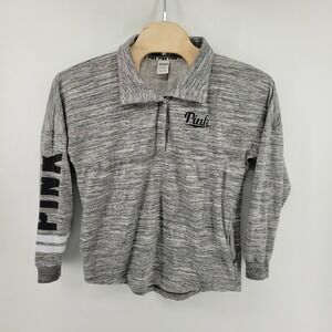 Victoria's Secret PINK Pullover Sweatshirt Womens Medium Gray Marled Snap Neck‎